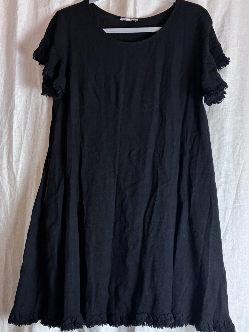 Umgee Linen Blend Fray Fringe Shift Dress Black Size S Boho Short Sleeve Tunic